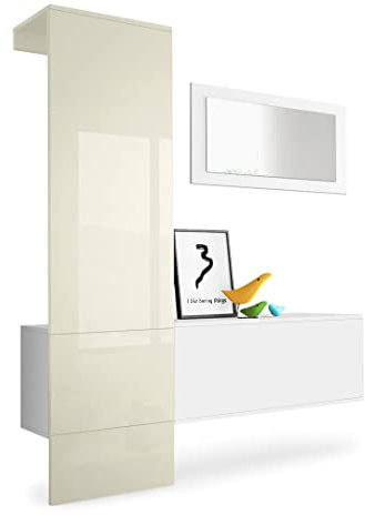 Vladon Garderobe Carlton Set 4, Made in Germany, Garderobenset bestehend aus 1 Garderobenpaneel, 1 Schrankmodul und 1 Wandspiegel, Weiß matt/Creme Hochglanz (156 x 193 x 35 cm)