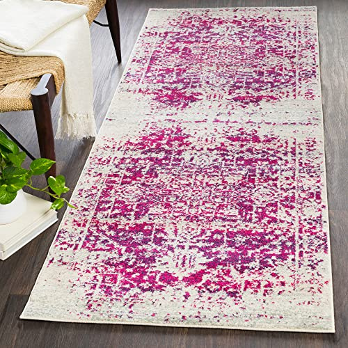 Livabliss Syracusa Vintage Rug Runner 80x220 cm for Living Room, Hallway & Kitchen, Traditional Boho Design, Multicoloured Fuchsia Beige Ivory, Easy Care Floor Covering