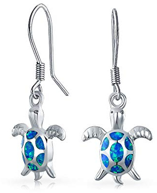 Nautical Aquatic Tropical Strand Vacation Iridescent Blue Created Opal Inlay Meer Tortoise Turtle Baumelnd Drop Earrings For Freundin Teen .925 Sterling Silver Fish Hook