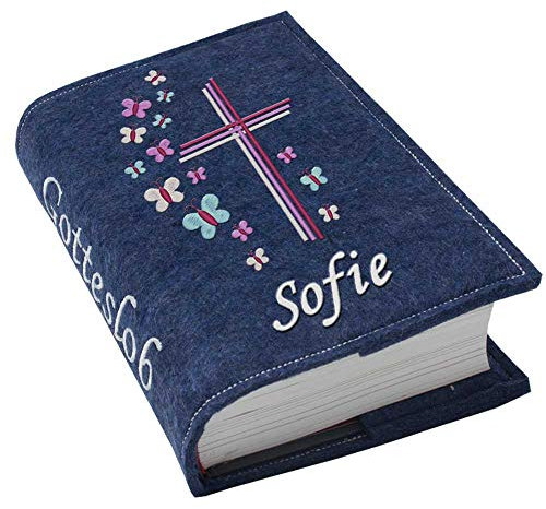 SL-Store GbR Gotteslob Gotteslobhülle Großdruck Kreuz Schmetterlinge lila pink Filz mit Namen bestickt grau weiß lila blaugrau dunkelblau türkis maigrün flieder Mädchen, Farbe:dunkelblau meliert