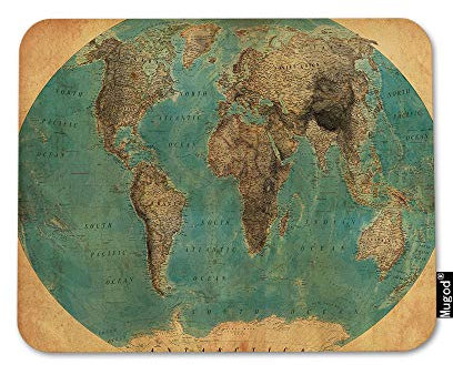 Mugod World Map Mouse Pad Old-Fashioned Map Ocean Signs Vintage Green Yellow Brown Mouse Mat Non-Slip Rubber Base Mousepad for Computer Laptop PC Gaming Working Office & Home 9.5x7.9 Inch