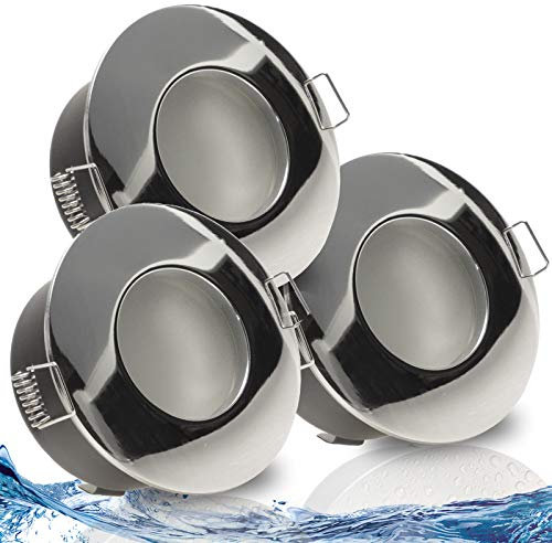 trendlights24 Nautic Decken Einbaustrahler rund IP65-3er Set ultra flach 50 mm LED Spots 5W 230V Warmweiß - Chrom glänzend Bad Feuchtraum