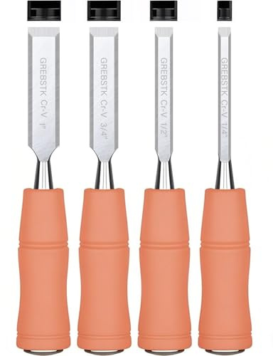 GREBSTK Set di 4 scalpelli per legno, in acciaio CRV, con bordo affilato, con tappo in metallo, per lavorazione del legno e progetti fai da te, 20,3 cm (1/4, 1/2, 3/4, 2,5 cm)