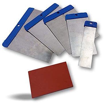 Trousse de couteaux de carrossier | Lot de 3 | Jeu de 5 spatules japonaises + mini cale caoutchouc pour mastic enduit carrosserie | Lames acier poli | Largeurs 25-50-80-100-120 mm | Kibros W116x3