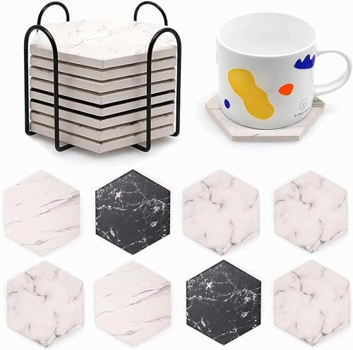 QUMENEY 8 pièces sous-Verres hexagonaux en céramique avec Support, Motif en marbre, Boissons absorbantes avec Base en liège antidérapante pour Les Boissons