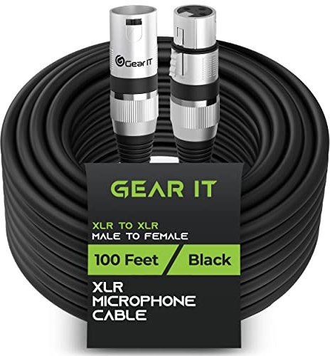 GearIT XLR Microphone Cable (100 Feet, 1 Pack) - Male to Female 3-Pin Balanced Shielded Cable for Mic Mixer, Recording Studio, Podcast - Black
