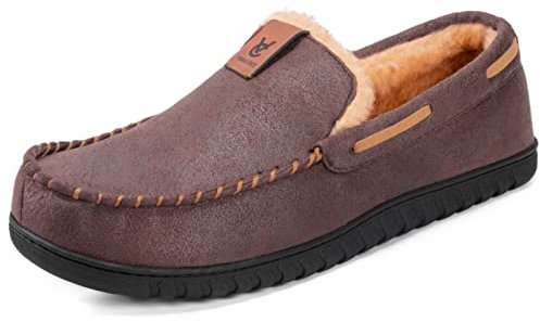 VeraCosy Men's Classic Moccasin Slippers Soft Faux Suede Memory Foam Closed-back Indoor House Shoes Coffee, 8 UK