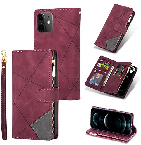 UEEBAI Hülle für iPhone 12 iPhone 12 Pro 6.1 Zoll, Retro Reißverschluss Handyhülle PU Leder Handytasche mit 9 Kartenfächer Standfunktion Geldbörse Trageband Schutzhülle Flip Wallet Case - Rot