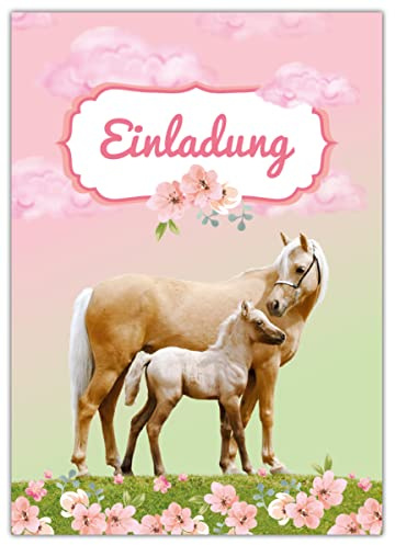Junapack 12 Einladungskarten zum Kindergeburtstag Mädchen Pferd mit Fohlen