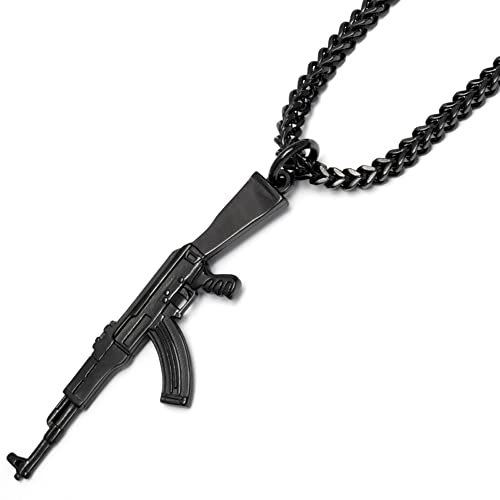 Schmuck-Checker Schwarzer AK-47 Anhänger & Halskette aus Edelstahl Kalaschnikow Sturmgewehr Gangster-Rap HipHop-Schmuck Geschenk