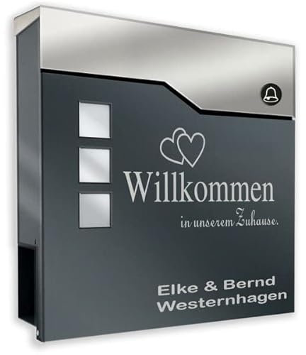 Design-Briefkasten aus pulverbeschichtetem Stahl ANTHRAZIT RAL 7016 mit FUNKKLINGEL und Beschriftung (mit Zeitungsrolle und 3 Sichtfeldern)