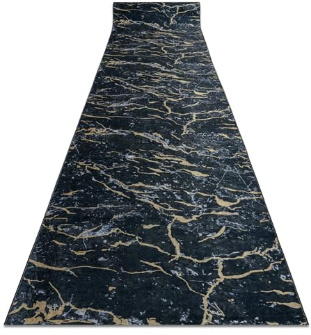 rugsx Läufer Antirutsch Lotus Galactic 9523 Marmor schwarz/Gold - Waschbar - 80x250 cm- Rutschfester Teppich für Flur & Küche
