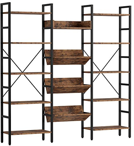 IRONCK Bookcases and Bookshelves Triple Wide 5 Tiers Industrial Bookshelf, Large Etagere Bookshelf Open Record Player Shelves with Metal Frame for Living Room Home Office
