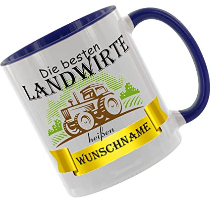 Crealuxe Kaffeetasse - Die Besten Landwirte heißen (Wunschname) -Spruchtasse, Bürotasse, bedruckte Keramiktasse, Tasse mit Spruch, Hochwertige Kaffeetasse (Blau)