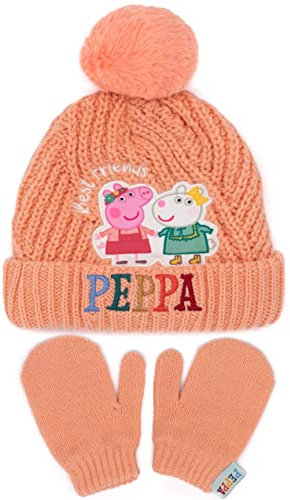 Peppa Pig Hut und Fäustlinge Kinder Pfirsich gestrickt Winter Mützenhandschuhe
