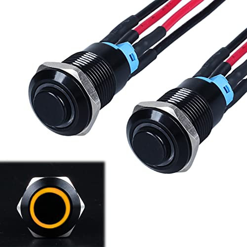 JIQI 2× 12mm Verrieglung Druckschalter 12V bis 24V 2A wasserdicht selbsthaltend schwarz Druckknopfschalter aus Metall LED Beleuchtet Latch EIN/AUS Schalter mit IP66 1NO für Motorrad (hoher Kopf, Gelb)