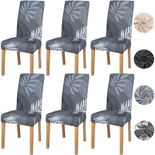 Meision Stuhlhussen 4 oder 6er Set Stretch Stuhlhussen Abnehmbare Waschbar Spandex Stuhlüberzug Stuhlbezug Stretch Universale für Hotel, Zeremonie, Bankett, Restaurant, Zuhause(6er Set, Graue Blatt)