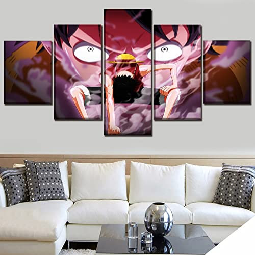 VEYEBZ 5 Stück Leinwandgemälde Wandkunst One Piece Monkey D Luffy HD Bild 5 Teiliges Leinwand Drucke 150×80cm Mit Rahmen Modulare Wandmalerei Abstraktes Poster Zimmer Dekoration Geschenk