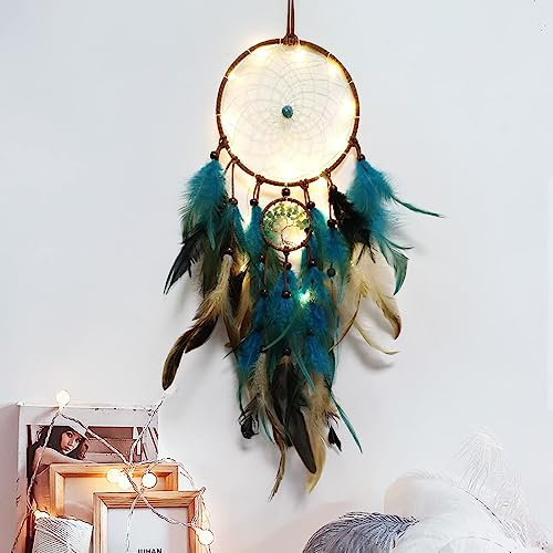 Hongyans Traumfänger mit LED Licht Handgefertigt Dreamcatcher mit Federn Böhmen Dekoration für Schlafzimmer Hochzeit Wandbehang Ornament Mädchen Kinder Geschenk
