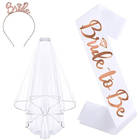 WeddHuis Bride to Be Schärpe und Schleier, Frauen Junggesellinnenabschied Accessoires Weiß Braut Schleier JGA Schärpe Rosegold Stirnband Tiara, Hochzeit Fotorequisiten Spiele Zubehör