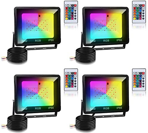 Herrselsam RGB LED Strahler 50W mit Fernbedienung, 4 Stück, 19 cm, Indoor und Outdoor, LED, 120°, Wasserdicht, RGB, Multicolor, 200 Watt, Lichterkette