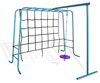 Plum Play Metal Monkey Bars Multiplay Climbing Frame with Cargo Net Climb Wall - Disc Swing Accessory - Sliding Pole with Safety Stand - Outdoor Garden Multiplay Set - Suitable from 3 Years Plus