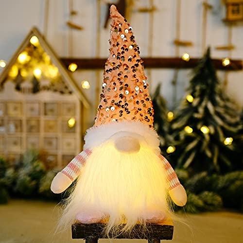 JYNKID Light Up Christmas Gonks - Handmade Glittery Swedish Santa Gnome Crafts with Light Hat - Gnomes Elf Tree Christmas Holiday Indoor Ornaments (Pink)
