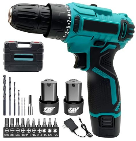 12V Cordless Screwdriver Set, Cordless Drill with 2X 1500mAh Batteries, 50 N.m Max Battery Drill, Torque on 25+1 Stages, Drill with 16PCS Accessories for Home and Garden DIY Project