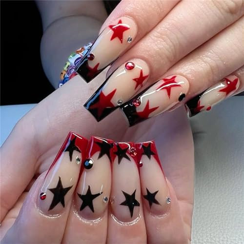 CRAZYNEKOS Coffin Long Fake Nail Black Red Stars Press on Nails French Tips Nail Art Decoration for Women and Girls Manicure 24pcs