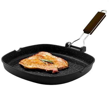 Zanetti, Bistecchiera 24 x 24 cm, Piastra grill in Alluminio Pressofuso ad Alto Spessore, Piastra Grill adatta ai Piani ad Induzione, Manico Pieghevole