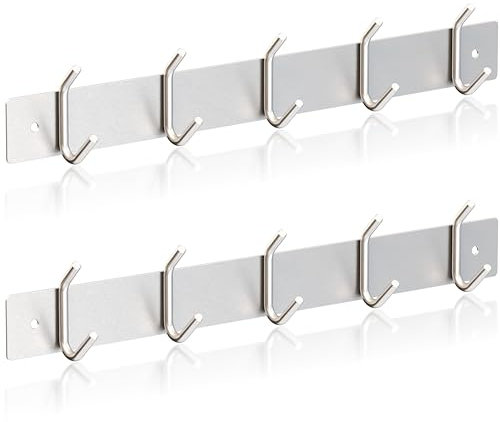 RICOO 2 x Wandgarderobe Metall Garderobenhaken MH028S-5x2 Hakenleiste 5 Edelstahl Haken zum Einhängen Garderobenhakenleiste Kleiderhaken Wand Handtuchhaken zum Bohren Garderobenleiste Metallhaken