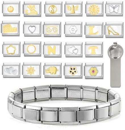 22PCS italienische Charme Armband, klassische Link Mode Silber 9mm italienischen Charme Armband Set, Titanium Stahl DIY abnehmbares Modul, Geschenk für Mama und Freundinnen