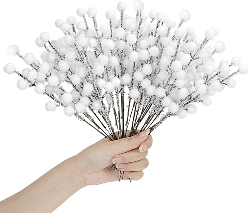 24 bastoncini artificiali a bacca bianca, spray per neve, gambi di agrifoglio smerigliati natalizi, ramoscelli invernali, per riempitivi per albero di Natale, decorazioni per feste, ghirlande,