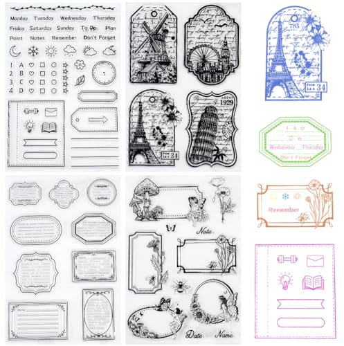 craspire 4 Stile Vintage Blanko-Etiketten Klare Stempel Turmnotizen Vintage-Hintergrund Wiederverwendbare Transparente Silikonstempelsiegel Für Journaling-Kartenherstellung Dekor DIY Scrapbooking