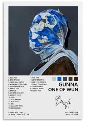 Piesa Gunna Poster One of Wun, Albumcover-Poster für Schlafzimmer, ästhetische Leinwandkunst, Wanddekoration, 30 x 45 cm, ungerahmt, 4