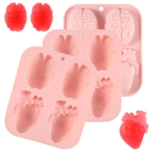 3uds Silicona 3D Molde de Corazón de Cerebro, Moldes de Silicona para Gelatina con Forma de Órganos Moldes de Halloween para Accesorios Fiesta Halloween Pudín Gelatina Postre Chocolate (Rosa)