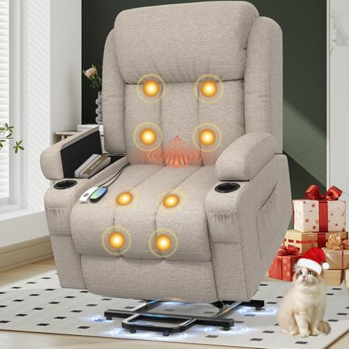 YONISEE Lift Chair Recliners for Elderly, Recliner Chair with Massage & Heat, Extended Footrest, Riser Reclining Chair with Type C+USB, 2 Cup Holders & 4 Side Pockets, 2 Hidden Armrest Storage