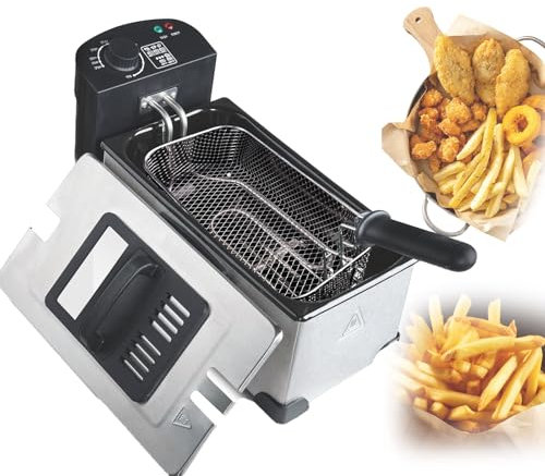 Freidora eléctrica, freidora de 3 litros con Tapa y Cesta de Aceite extraíble, freidora Multifuncional de Acero Inoxidable 130-190 °C Ajustable para Pollo Frito, Patatas Fritas, más, Nuggets de Pollo