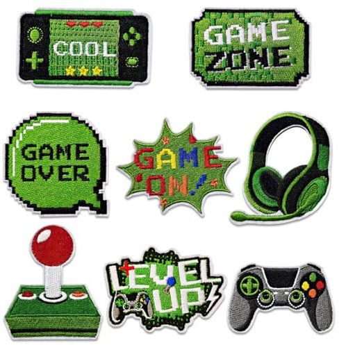 8 Pcs Video Game Embroidery Patches,Green Gaming Sew Iron on Embroidered Patches DIY for Kids Boys Gamer Fans Enthusiasts Clothing Backpack Hat