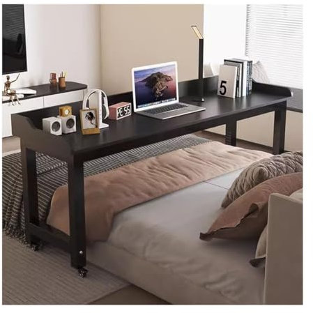 Verstellbarer Betttisch mit Bremsrädern, tragbarer Betttisch für Arbeit, Essen und Gaming, Schlafzimmer, Laptop-Schreibtisch, Schwarz (Größe: 180 x 40 x 80 cm)