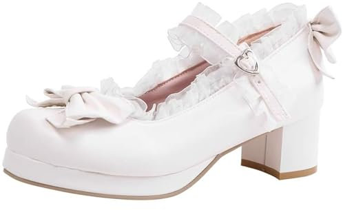 KISSASA Womens Cute Lolita Platform Shoes Chunky Mary Jane Heels Bow Court Shoes Size White 6UK