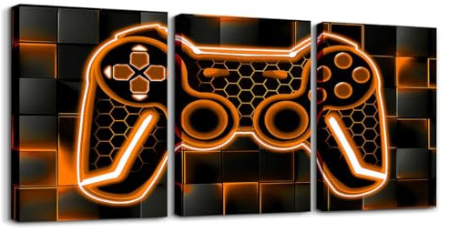 Loussiesd Gamer 3er Poster Set für Wohnzimmer Orange und Schwarz Bild Leinwandbilder Gaming Ombre Büro Wandbilder Geometrische Quadrat Deko Bilder