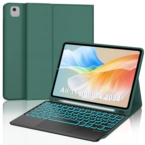 Clavier pour iPad Air 11 Pouces M4 2026/M3 2025/M2 2024/ Air 5ème/4ème | avec Pavé Tactile, Coque Clavier pour iPad Pro 11 4/3/2/1 Gen Magnétique Rétroéclairé AZERTY Layout, Vert foncé