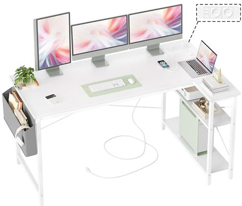 BEXEVUE Gaming Schreibtisch L-Form, 140 x 70 cm, Reversibel Gaming Tisch Computertisch mit Steckdosen und Seitentaschen, Eckschreibtisch für Büro und Homeoffice Stärker X Form Halterung, Weiß