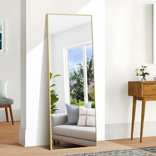 BONEWEI Miroir sur Pied 161 x 52 cm, Miroir Pleine Longueur avec Cadre en Aluminium Or, Grand Miroir Mural Rectangulaire Penché ou Suspendu pour Chambre à Dressing, Salon, Couloir