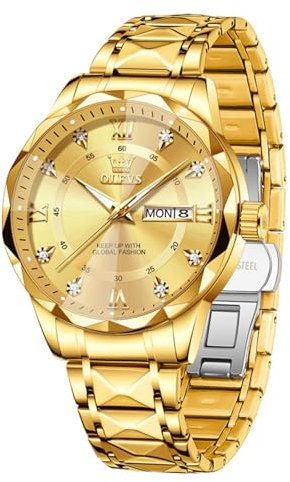 OLEVS Analog Uhren Herren Gold Luxus Wasserdicht Herrenarmbanduhr Edelstahl Business Kleid Armbanduhr für Herren Leuchtende Metallarmband Uhren für Männer Großes Zifferblatt mit Datum Geschenke