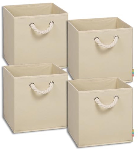 Storanda | 4er Set Aufbewahrungsbox | Kordel Griffband | Stabile & Faltbare Boxen | Regalboxen für Würfelregal Kallax | Ideal für Zuhause & Kinderzimmer | 30x30x30 cm | Natur