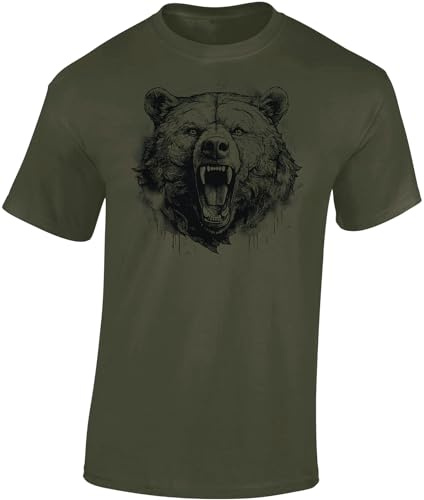Baddery Bären T-Shirt - „Rage of the Wild“ - Jagd Shirt für Herren & Damen mit Bär-Motiv (Army M)