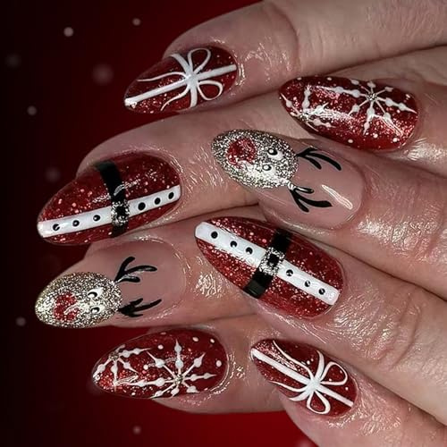 Unghie finte festive con Babbo Natale rosso glitter fiocchi di neve renna arte facile da applicare ABS per feste di Natale Babbo Natale premere sul chiodo