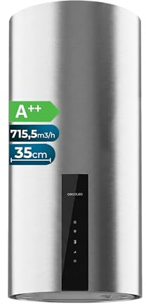 Cecotec Campana Extractora Redonda de Pared 35 cm Bolero Flux DRT 358000 Inox A++. Succión 715 m³/h, 2 Velocidades + Función Booster, Filtros de Carbono, Clase A++, Control Táctil